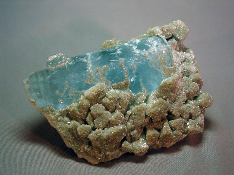Aquamarine on Albite coated by Mica